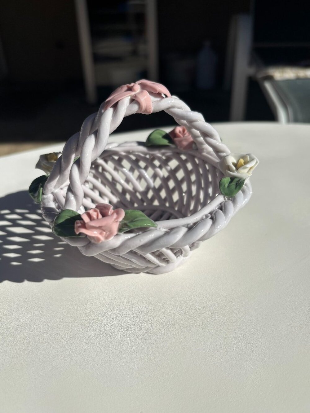Vintage Italian Woven Ceramic Floral Basket